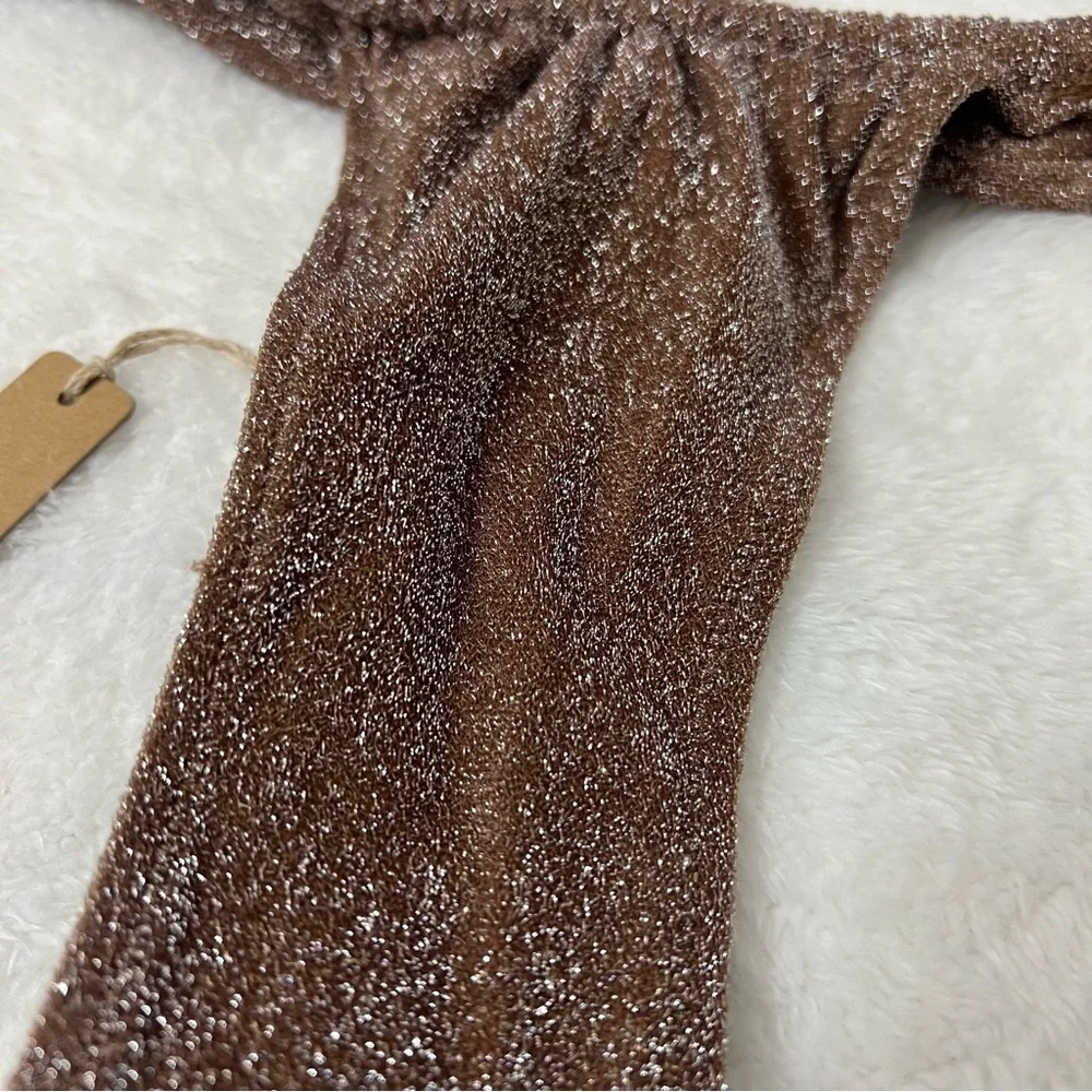 Skims Glitter Swim Ruched Tanga Bikini Bottom Jasper Brown Size L
